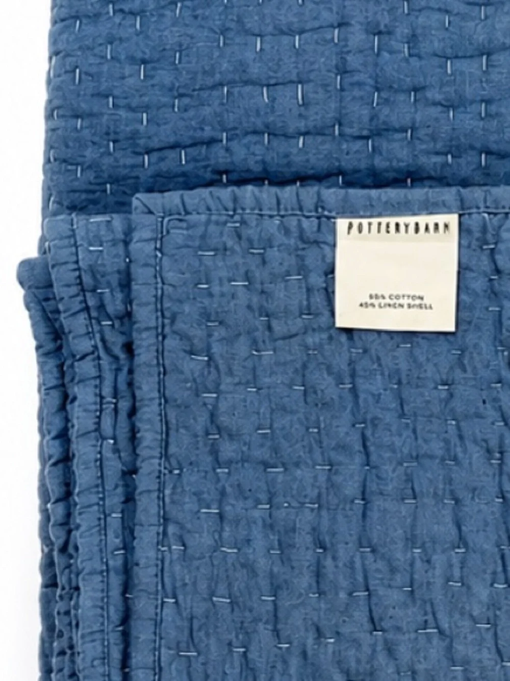 Pottery Barn Blue Pick-Stitch Cotton Linen Twin Quilt & 26” Euro Sham Set